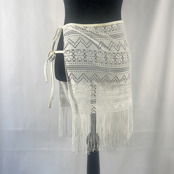 White fringe, crochet, bathing suit cover, 2 side ties, mesh design,Small - Picture 2 of 8
